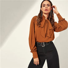 Load image into Gallery viewer, SHEIN Rust Frill Detail Tied Neck Bishop Sleeve Buttoned Cuff Elegant Blouse Women Autumn Stand Collar Plain Office Top Blouses
