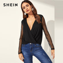 Load image into Gallery viewer, SHEIN Sexy Black Deep V Neck Dot Contrast Mesh Sleeve Wrap Sheer Shirt Long Sleeve Blouse Women Night Out Spring Top Blouses