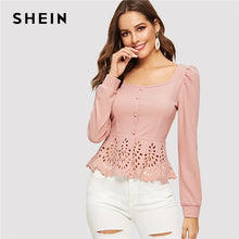 Load image into Gallery viewer, SHEIN Pink Button up Hollow out Square Collar Peplum Hem Puff Sleeve Blouse Women Tops and Blouses Spring Elegant Slim Fit Top