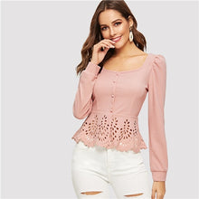 Load image into Gallery viewer, SHEIN Pink Button up Hollow out Square Collar Peplum Hem Puff Sleeve Blouse Women Tops and Blouses Spring Elegant Slim Fit Top