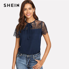 Load image into Gallery viewer, SHEIN Navy Tie Neck Lace Shoulder Contrast Mesh Button Top Blouse Spring Weekend Casual Round Neck Women Tops And Blouses