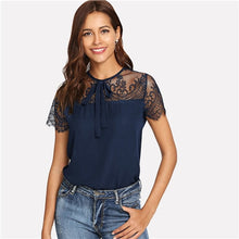 Load image into Gallery viewer, SHEIN Navy Tie Neck Lace Shoulder Contrast Mesh Button Top Blouse Spring Weekend Casual Round Neck Women Tops And Blouses