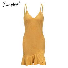 Load image into Gallery viewer, Simplee Sexy v neck ruffle strap mini dress women Skinny black mermaid dress 2018 Summer dress bodycon party vestido