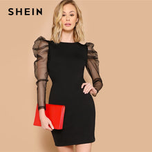 Load image into Gallery viewer, SHEIN Glamorous Black Sheer Contrast Mesh Gigot Sleeve Pencil Plain Slim Dress Women Casual 2019 Summer Puff Sleeve Dresses