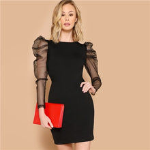 Load image into Gallery viewer, SHEIN Glamorous Black Sheer Contrast Mesh Gigot Sleeve Pencil Plain Slim Dress Women Casual 2019 Summer Puff Sleeve Dresses