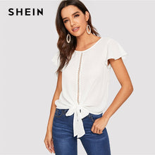 Load image into Gallery viewer, SHEIN Flutter Sleeve Lace Insert Knot Front Women Tops And Blouses 2019 Summer Casual Solid Hollow Out Tops White Blouse
