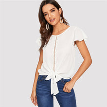 Load image into Gallery viewer, SHEIN Flutter Sleeve Lace Insert Knot Front Women Tops And Blouses 2019 Summer Casual Solid Hollow Out Tops White Blouse