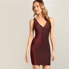 Load image into Gallery viewer, SHEIN Glamorous Sexy Burgundy V Neck Criss Cross Back Glitter Bodycon Short Slim Plain Dress 2019 Summer Sleeveless Dresses