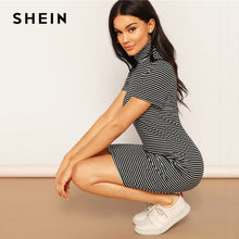 Load image into Gallery viewer, SHEIN Spring High Neck Black and White Striped Mini Pencil Dress Women Casual Fitted Stretchy Short Sleeve T Shirt Dress