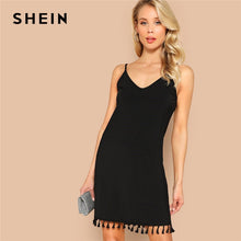 Load image into Gallery viewer, SHEIN Black Sexy Tassel Hem V Neck Cami Mini Dress Summer Club Fashion Lady Sleeveless Adjustable Strap Solid Party Dresses