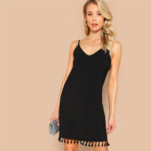 Load image into Gallery viewer, SHEIN Black Sexy Tassel Hem V Neck Cami Mini Dress Summer Club Fashion Lady Sleeveless Adjustable Strap Solid Party Dresses