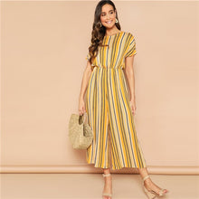 Load image into Gallery viewer, SHEIN Multicolor Knot Backless Striped Palazzo Wide Leg Long Jumpsuit Women Mid Waist Short Sleeve Solid Elegant Jumpsuits