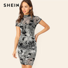 Load image into Gallery viewer, SHEIN Chinese Style Grey Ink Painting Sheer Bodycon Pencil Summer Dress Women Stand Collar Short Sleeve Slim Elegant Dresses