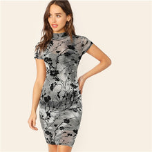 Load image into Gallery viewer, SHEIN Chinese Style Grey Ink Painting Sheer Bodycon Pencil Summer Dress Women Stand Collar Short Sleeve Slim Elegant Dresses