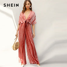 Load image into Gallery viewer, SHEIN Rust Plunging Neck Knot Front Tie Dye Palazzo Jumpsuit Spring Deep V Neck Solid High Waist Maxi  Wide Leg Jumpsuits