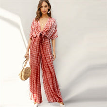 Load image into Gallery viewer, SHEIN Rust Plunging Neck Knot Front Tie Dye Palazzo Jumpsuit Spring Deep V Neck Solid High Waist Maxi  Wide Leg Jumpsuits
