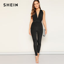 Load image into Gallery viewer, SHEIN Glamorous Sexy Black Deep V-neck Criss Cross Backless Glitter Plain Jumpsuit Women High Waist Summer Skinny Jumpsuits