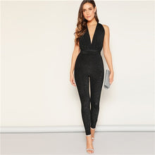 Load image into Gallery viewer, SHEIN Glamorous Sexy Black Deep V-neck Criss Cross Backless Glitter Plain Jumpsuit Women High Waist Summer Skinny Jumpsuits