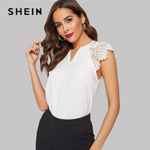 Load image into Gallery viewer, SHEIN Notched Neck Guipure Lace Cap Sleeve White Blouse OL Summer V Neck Solid Raglan Sleeve Casual Womens Tops And Blouses