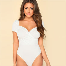 Load image into Gallery viewer, SHEIN White Puff Sleeve Wrap Sweetheart Bodysuit Women Summer Short Sleeve Mid Waist Puff Sleeve Skinny Solid Bodysuits
