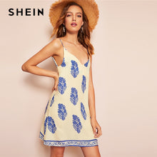 Load image into Gallery viewer, SHEIN Bohemian Sexy Apricot Botanical Print Cami Summer Short Dress 2019 Women Spaghetti Strap Casual Straight Slip Dresses