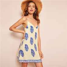 Load image into Gallery viewer, SHEIN Bohemian Sexy Apricot Botanical Print Cami Summer Short Dress 2019 Women Spaghetti Strap Casual Straight Slip Dresses