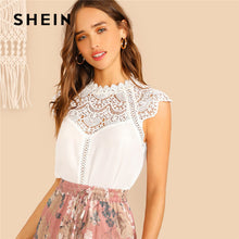 Load image into Gallery viewer, SHEIN Keyhole Back Guipure Lace Mock-Neck Women White Blouse Ladies Tops Summer Casual Sleeveless Stand Collar Solid Blouse