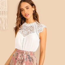 Load image into Gallery viewer, SHEIN Keyhole Back Guipure Lace Mock-Neck Women White Blouse Ladies Tops Summer Casual Sleeveless Stand Collar Solid Blouse