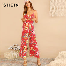 Load image into Gallery viewer, SHEIN Red Tie Front Dot And Floral Print Wide Leg Jumpsuit Women Spring Elegant High Waist Spaghetti Strap Maxi Jumpsuits