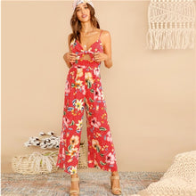 Load image into Gallery viewer, SHEIN Red Tie Front Dot And Floral Print Wide Leg Jumpsuit Women Spring Elegant High Waist Spaghetti Strap Maxi Jumpsuits