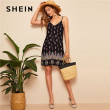 Load image into Gallery viewer, SHEIN Black Sexy Tribal Print Cami Summer Dress Women Boho Beach V Neck Adjustable Spaghetti Strap Backless Mini Dress