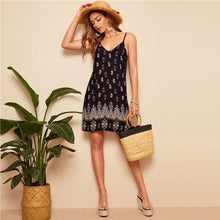 Load image into Gallery viewer, SHEIN Black Sexy Tribal Print Cami Summer Dress Women Boho Beach V Neck Adjustable Spaghetti Strap Backless Mini Dress