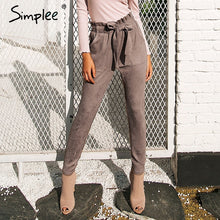 Load image into Gallery viewer, Simplee Suede high waist pencil pants capris Women bottom sash streetwear casual pants 2017 Autumn chic black winter trousers