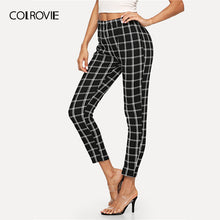 Load image into Gallery viewer, COLROVIE Black Elastic Waist Plaid Checked Elegant Pants Women Bottoms 2019 Spring Workwear Office Ladies Trousers