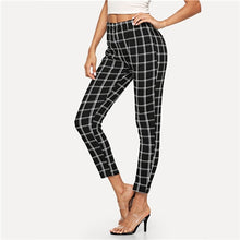 Load image into Gallery viewer, COLROVIE Black Elastic Waist Plaid Checked Elegant Pants Women Bottoms 2019 Spring Workwear Office Ladies Trousers