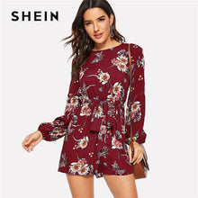 Load image into Gallery viewer, SHEIN Burgundy Bohemian Floral Print Belted Summer Romper Casual Round Neck Long Sleeve Mid Waist Womens Rompers Jumpsuit