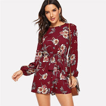 Load image into Gallery viewer, SHEIN Burgundy Bohemian Floral Print Belted Summer Romper Casual Round Neck Long Sleeve Mid Waist Womens Rompers Jumpsuit