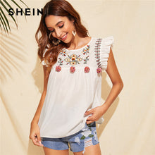 Load image into Gallery viewer, SHEIN Cute Boho White Ruffle Trim Pompom Detail Floral Embroidery Top Blouse Women O-Neck Sleeveless Keyhole Back Ruffle Blouses