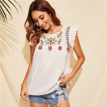 Load image into Gallery viewer, SHEIN Cute Boho White Ruffle Trim Pompom Detail Floral Embroidery Top Blouse Women O-Neck Sleeveless Keyhole Back Ruffle Blouses