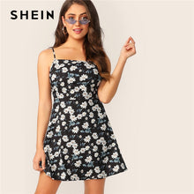 Load image into Gallery viewer, SHEIN Boho Black Allover Floral Print Fit and Flare Cami Summer Dress Women 2019 Sleeveless High Waist Zipper Slip Mini Dresses