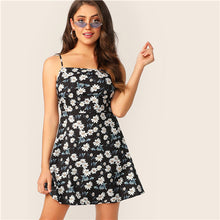 Load image into Gallery viewer, SHEIN Boho Black Allover Floral Print Fit and Flare Cami Summer Dress Women 2019 Sleeveless High Waist Zipper Slip Mini Dresses