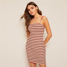 Load image into Gallery viewer, SHEIN Colorful Striped Cami Bodycon Dress Women Casual Sleeveless Spaghetti Strap Summer Dress 2019 Lady Slim Fit Mini Dress