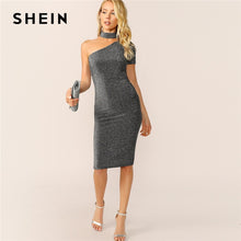 Load image into Gallery viewer, SHEIN Sexy Grey One Shoulder Choker Neck Glitter Bodycon Summer Midi Dress Women 2019 Solid Slim Party Glamorous Pencil Dresses