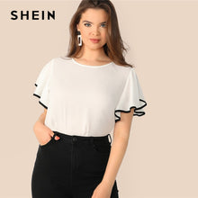 Load image into Gallery viewer, SHEIN Plus Size White Contrast Binding Butterfly Sleeve Button Ruffle Top Blouse Women 2019 Spring Casual Round Neck Top Blouses