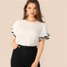 Load image into Gallery viewer, SHEIN Plus Size White Contrast Binding Butterfly Sleeve Button Ruffle Top Blouse Women 2019 Spring Casual Round Neck Top Blouses