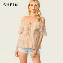 Load image into Gallery viewer, SHEIN Ruffle Trim Tie Front Pleated Cami Mesh Top 2019 Apricot Spaghetti Strap Summer Blouse Solid Romantic Women Blouses