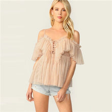 Load image into Gallery viewer, SHEIN Ruffle Trim Tie Front Pleated Cami Mesh Top 2019 Apricot Spaghetti Strap Summer Blouse Solid Romantic Women Blouses
